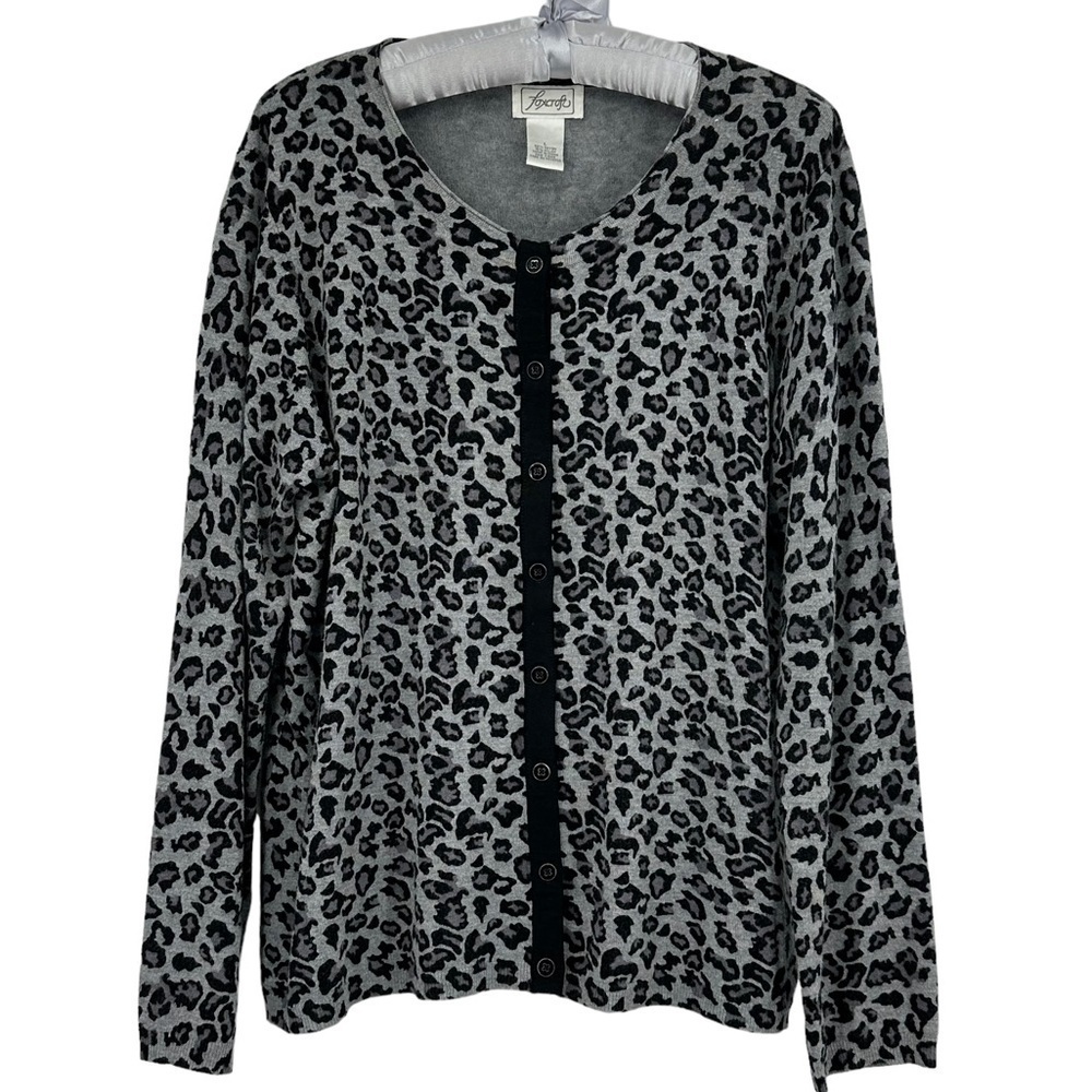 Foxcroft Longline Snow Leopard Print Cardigan Animal Print Sweater‎ Size Large